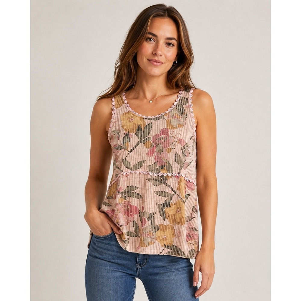 Lauren Conrad Romantic Cottagecore Tank Womens XS Pink Flower Print Crochet Trim